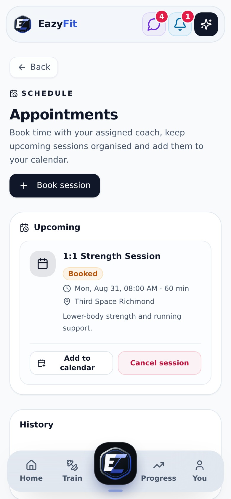 Appointments screen in EazyFit